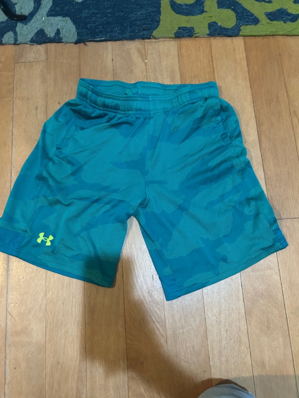 Under Armour Men's Teal Athletic Shorts with Lime Logo